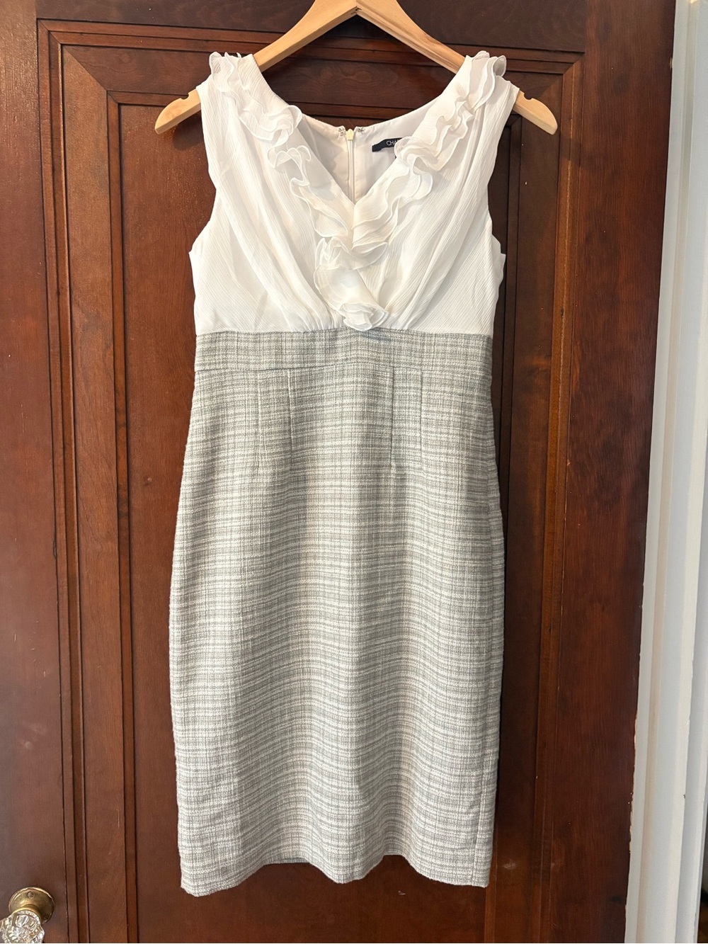 Chadwicks White & Gray Ruffled V-Neck Midi Sheath Dress